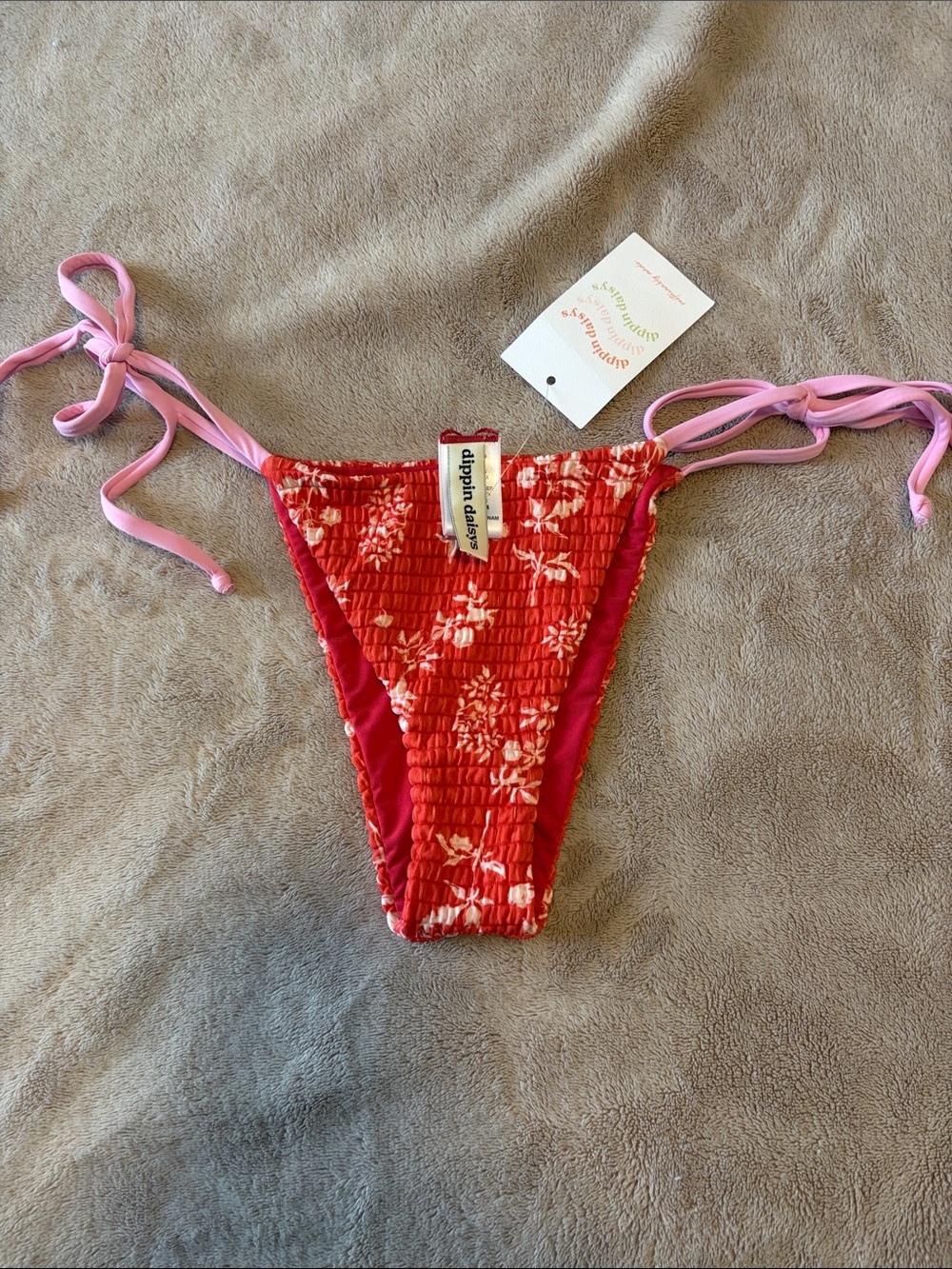 Dippin' Daisy's Red Floral Tie-Side Bikini Bottom with Pink Ties